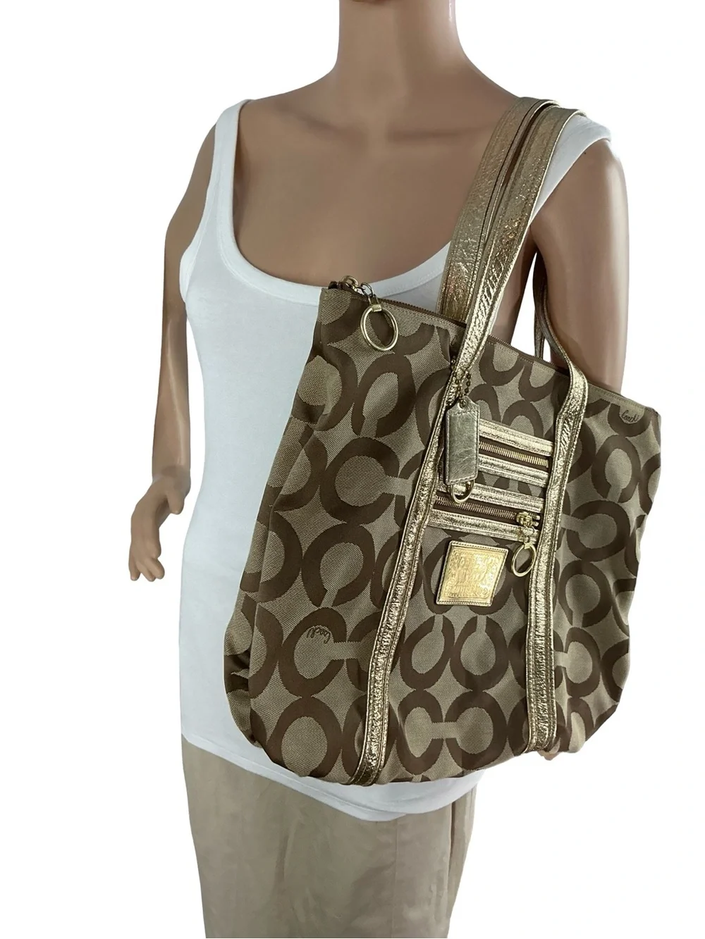 Coach Poppy Op Art Glam Tote Brown Gold Signature 13826